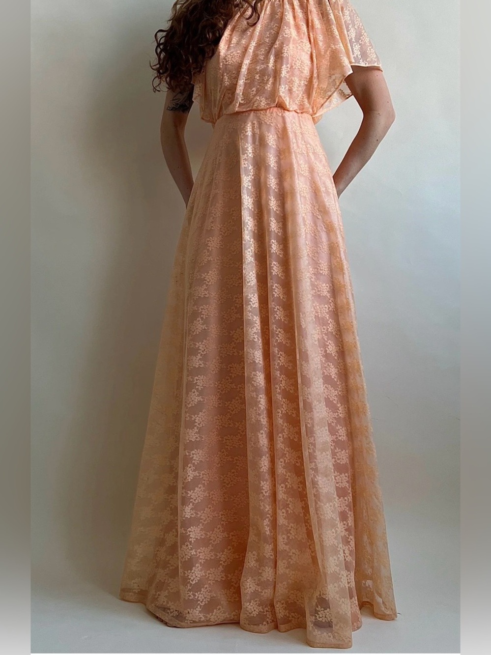 Vintage 70s Coral Lace Dream Goddess style Gown / Dress (S)